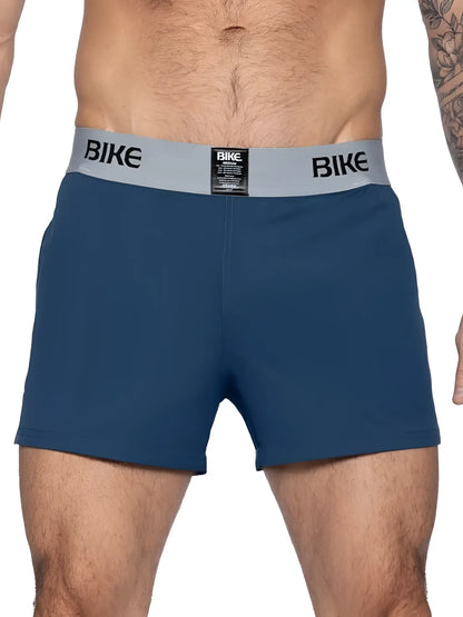 Blue bike athletic bam216 performance jock short boxer briefs with gray waistband and black bike logo in navy