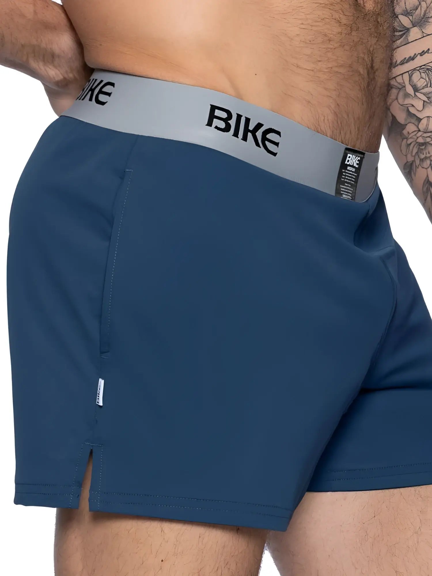 Navy bike athletic BAM216 performance jock shorts with gray waistband and black bike lettering for active wear