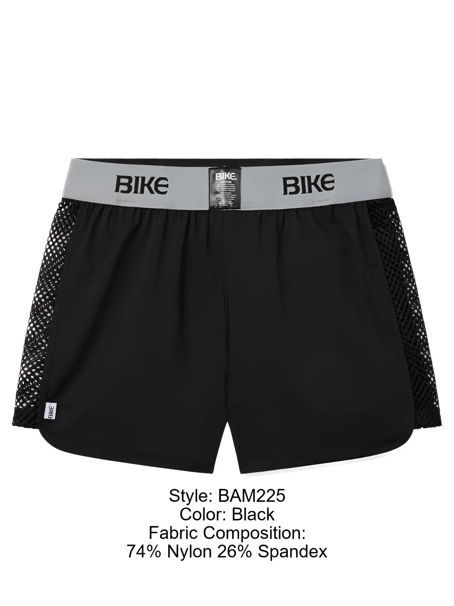 Black bike athletic bam225 peek-a-boo jock shorts with gray waistband made of 74% nylon and 26% spandex
