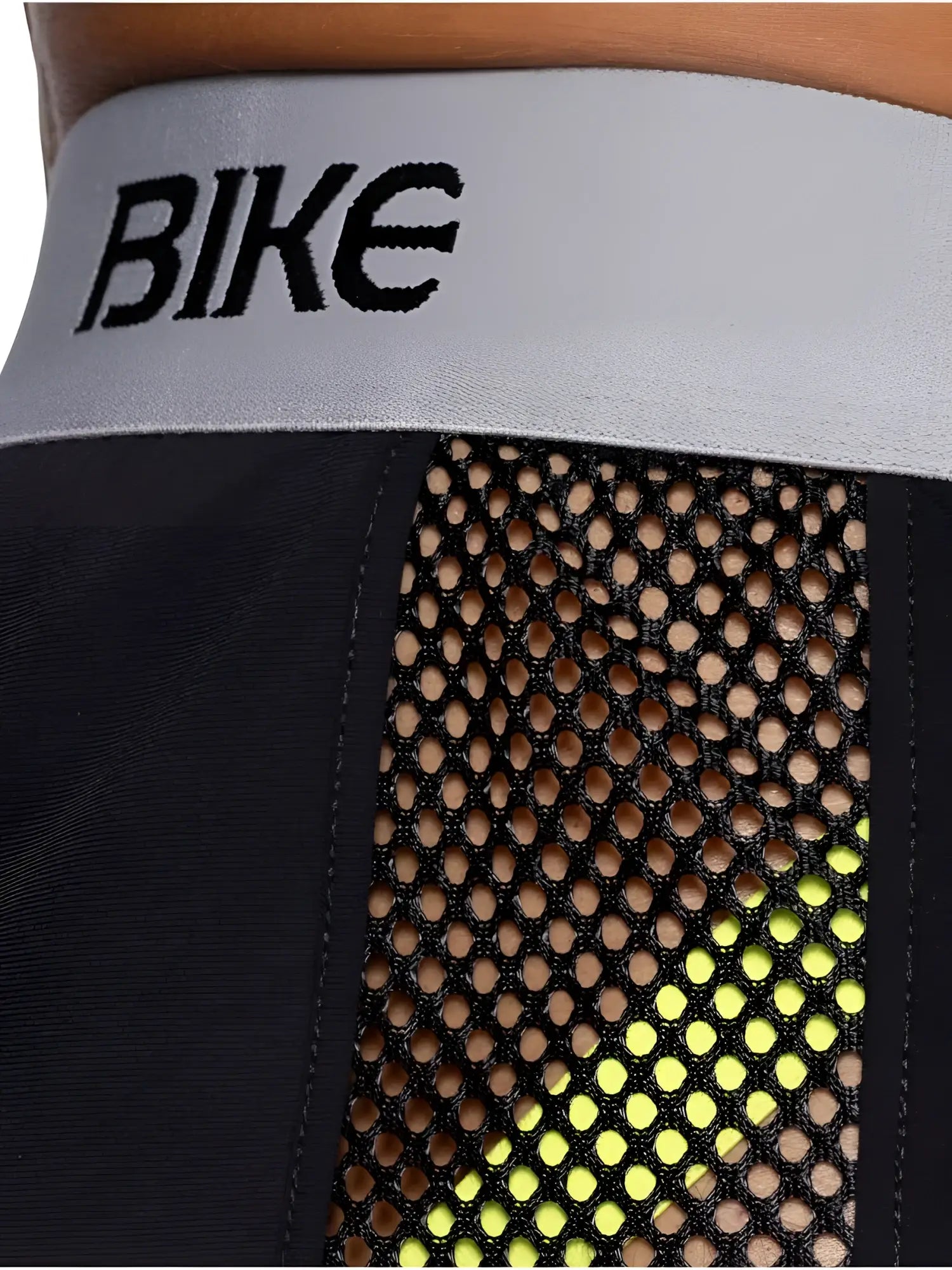 Black bike athletic BAM225 peek-a-boo jock shorts with gray waistband mesh panel and neon yellow accents