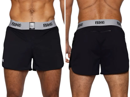 Black bike athletic bam225 peek-a-boo jock shorts with a gray waistband and bike logo in black lettering