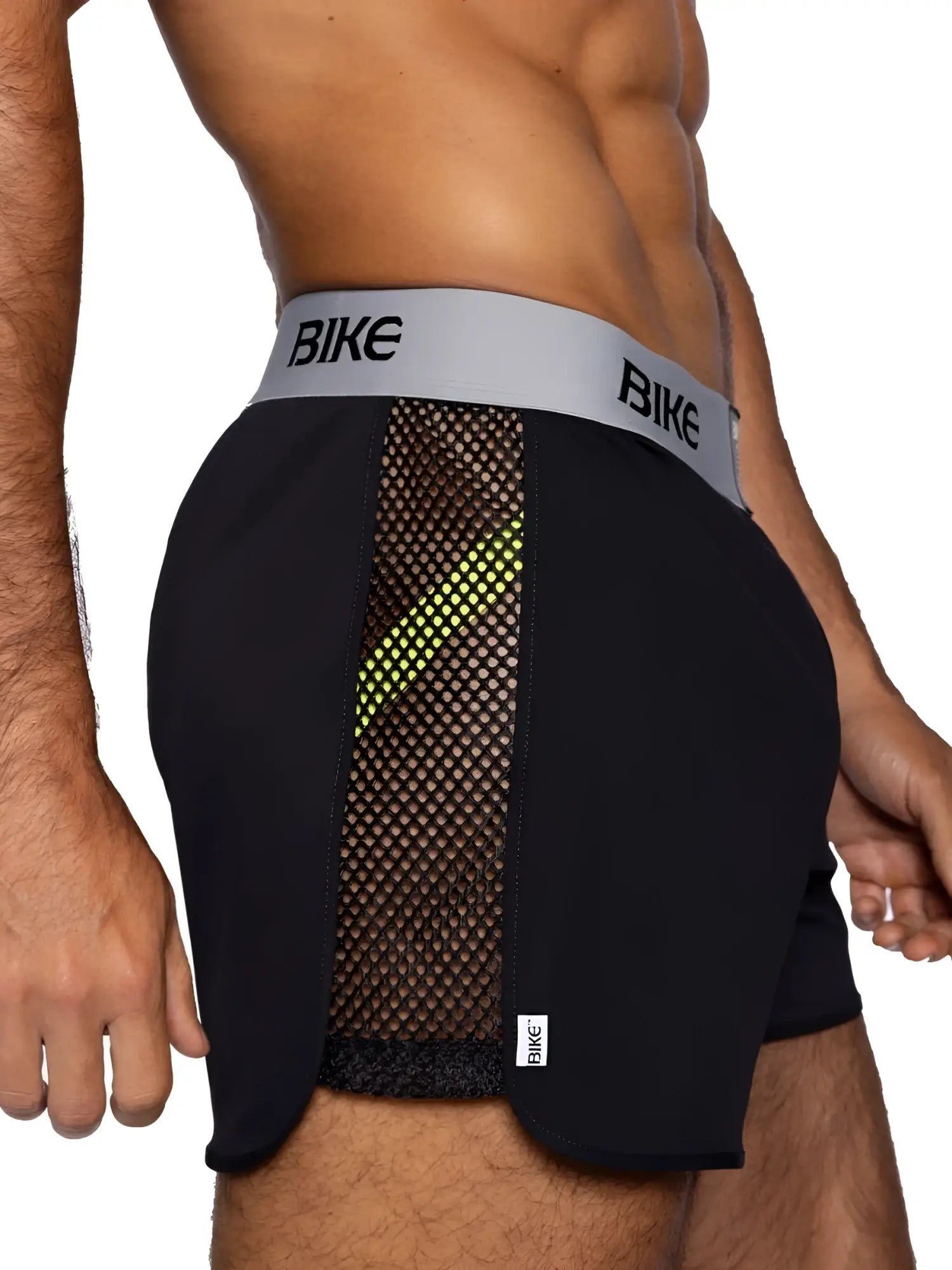 Black bike athletic BAM225 peek-a-boo jock shorts with mesh neon green accents and gray branded waistband