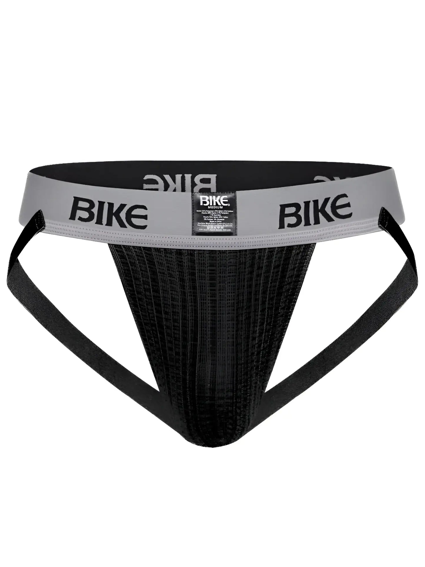Black bike brand athletic briefs with gray waistband and bike logo in black lettering from the bas303 classic line