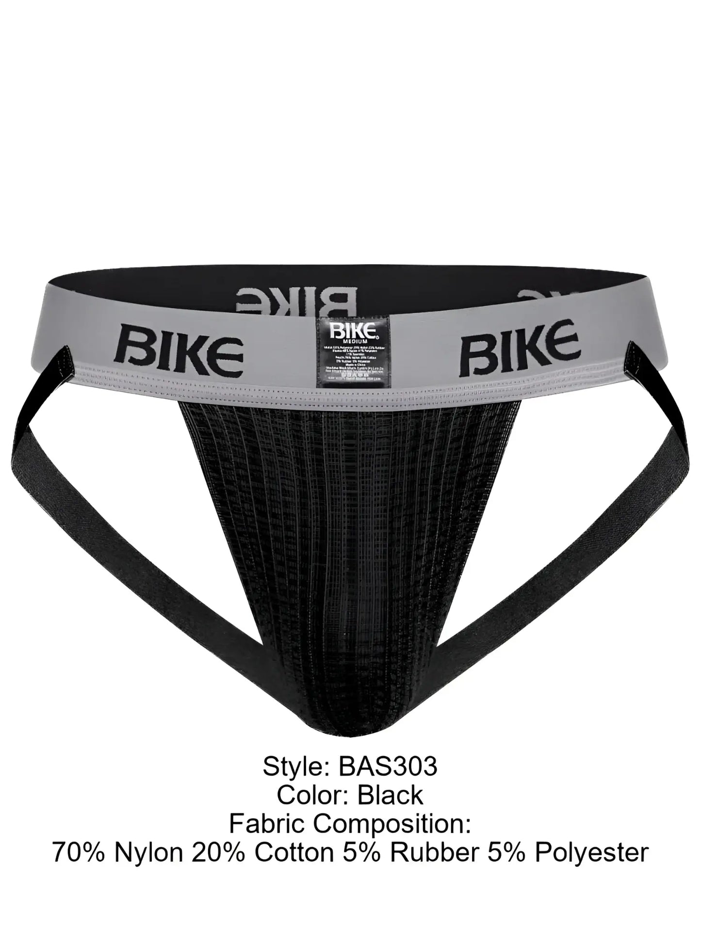 Black bike athletic briefs with ribbed texture and gray waistband from BIKE athletic BAS303 classic jockstrap collection