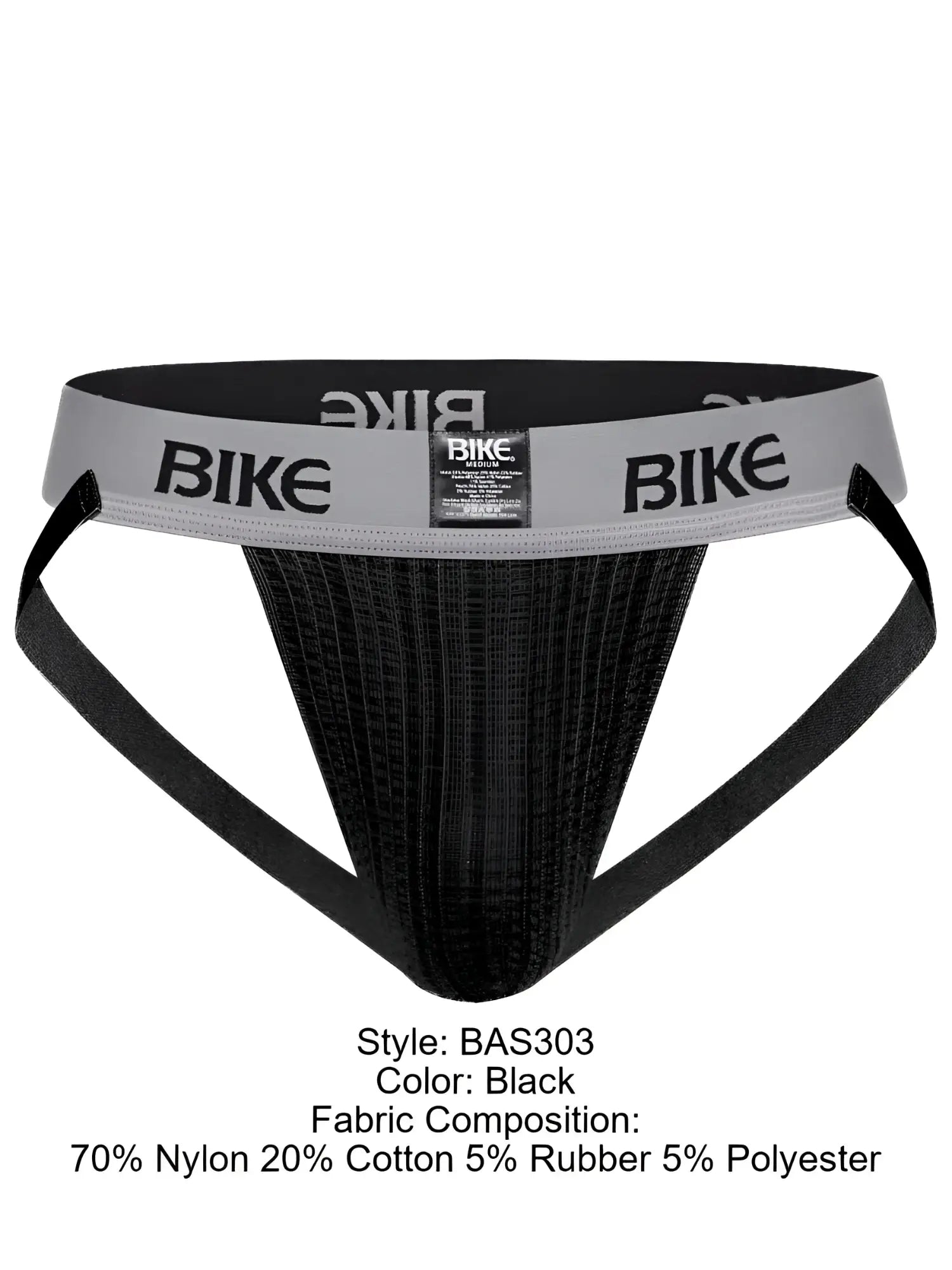 Black bike athletic briefs with ribbed texture and gray waistband from BIKE athletic BAS303 classic jockstrap collection