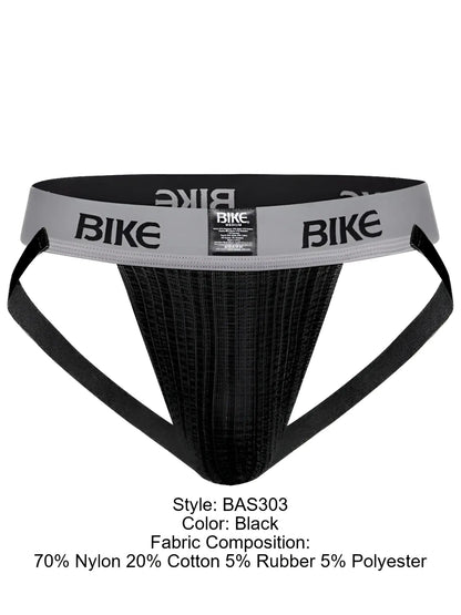 Black bike athletic briefs with ribbed texture and gray waistband from BIKE athletic BAS303 classic jockstrap collection