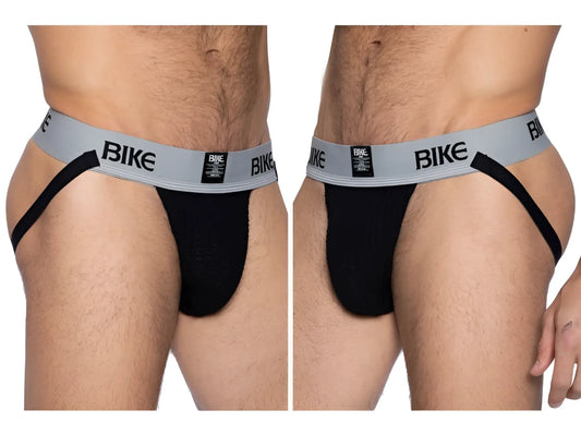 Black bike athletic BAS303 classic jockstrap briefs with gray waistband and bike logo in black text visible from front