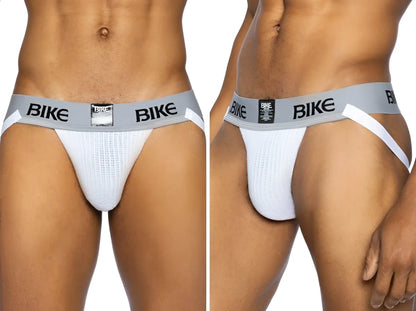 White bike brand classic jockstrap with gray waistband and black lettering for athletic support
