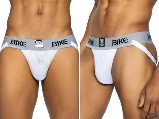 White bike brand classic jockstrap with gray waistband and black lettering for athletic support