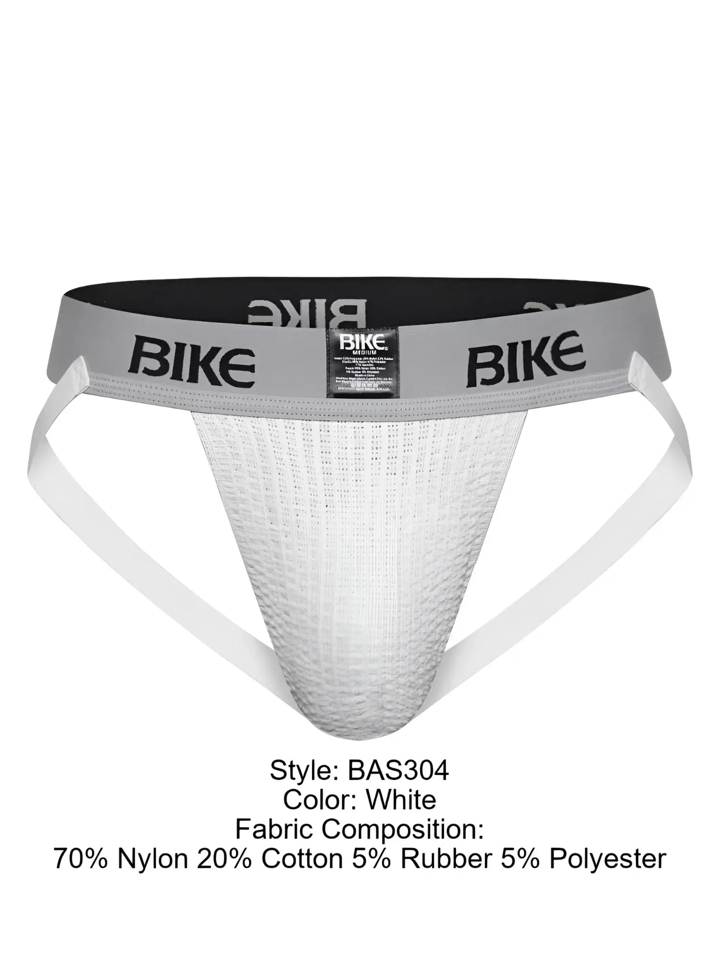 White bike athletic briefs with gray waistband featuring bike logo made of 70 nylon and 20 cotton classic jockstrap