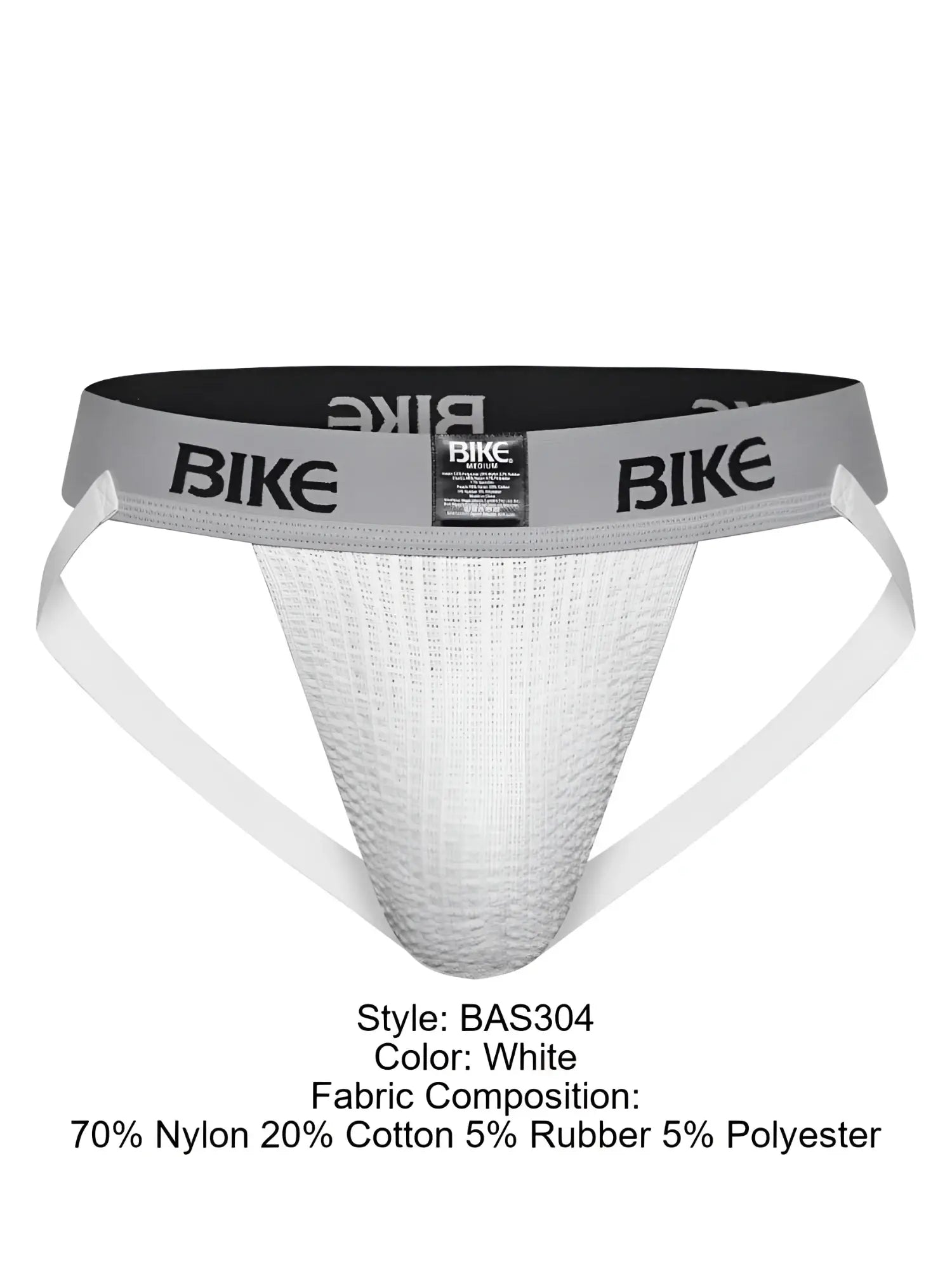 White bike athletic briefs with gray waistband featuring bike logo made of 70 nylon and 20 cotton classic jockstrap