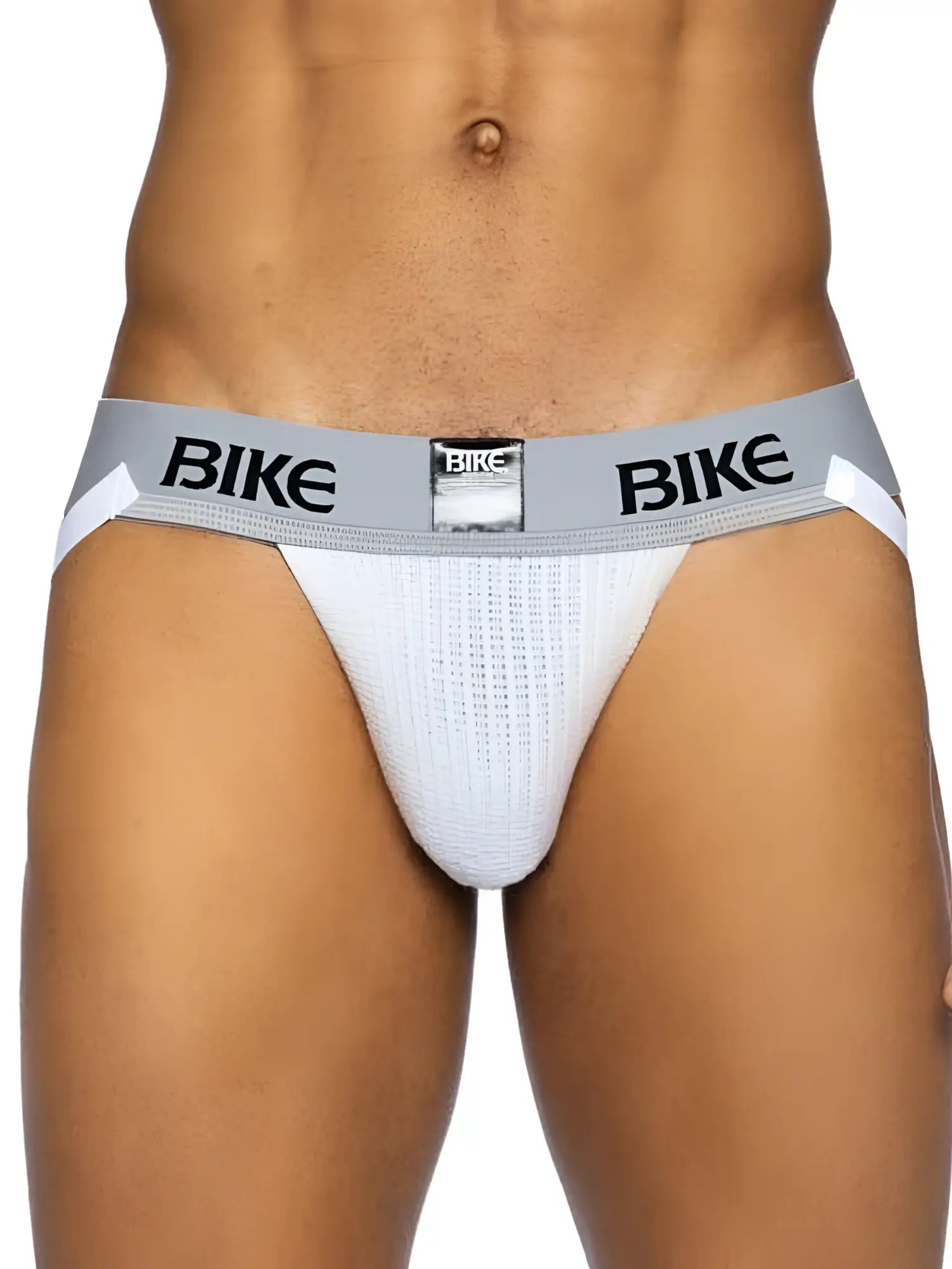 White mesh bike brief with gray waistband and black bike lettering from BIKE Athletic BAS304 classic jockstrap collection