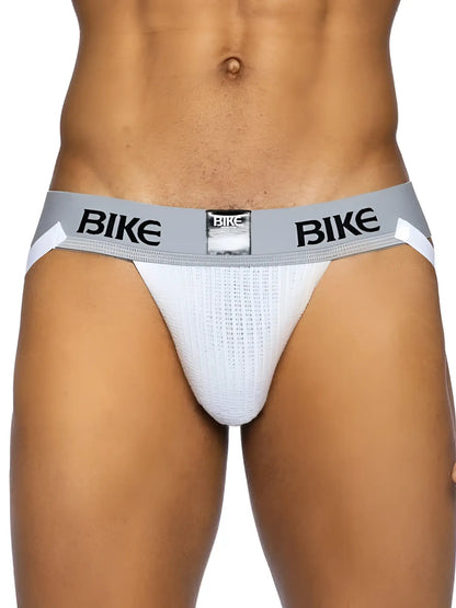White mesh bike brief with gray waistband and black bike lettering from BIKE Athletic BAS304 classic jockstrap collection