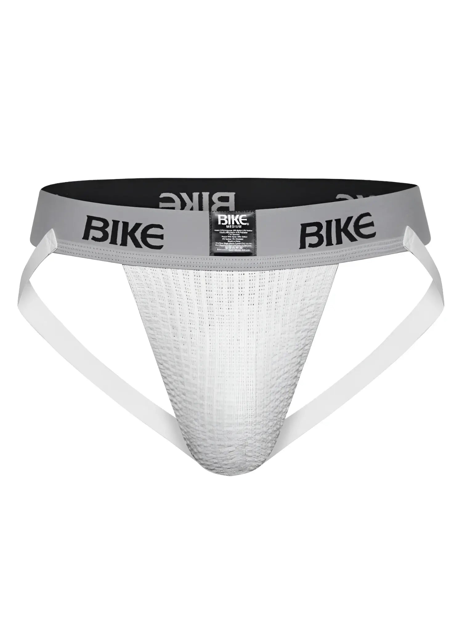 White textured bike athletic brief with gray waistband featuring black bike branding for classic jockstrap use