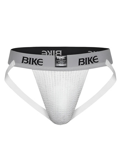 White textured bike athletic brief with gray waistband featuring black bike branding for classic jockstrap use