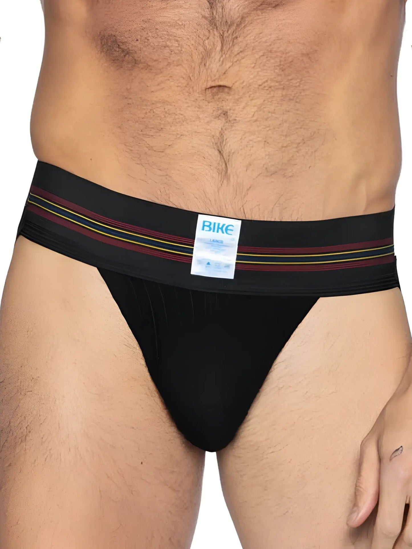 Black bike briefs with a striped maroon yellow and green waistband from BIKE athletic BAS306 original number 10 jockstrap
