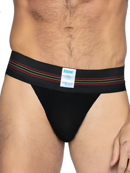 Black bike briefs with a striped maroon yellow and green waistband from BIKE athletic BAS306 original number 10 jockstrap