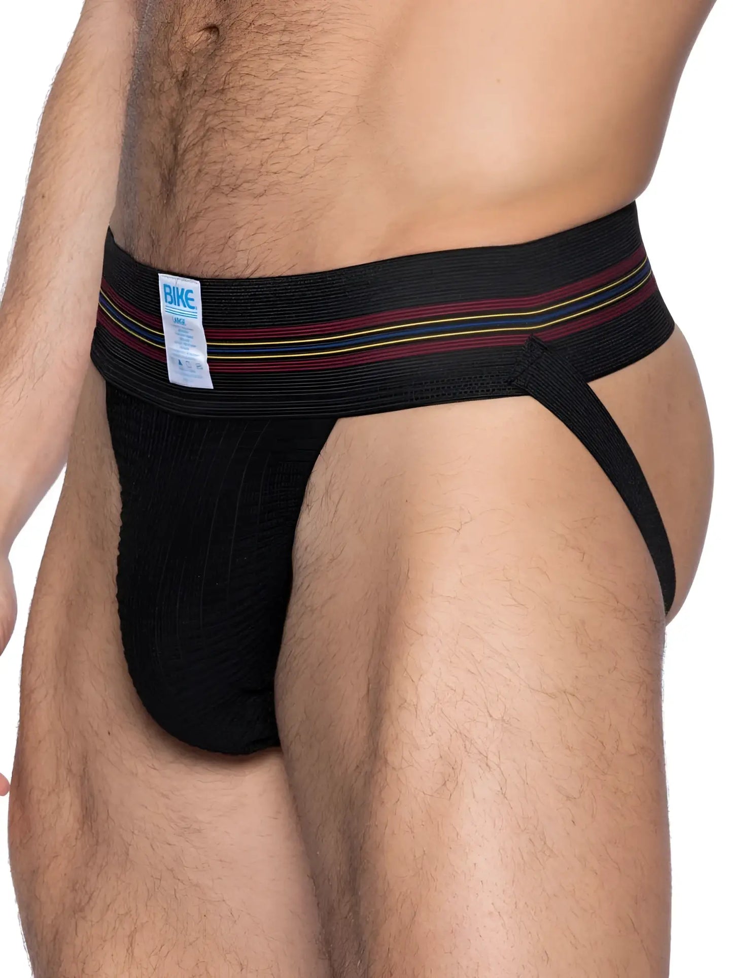 Black bike athletic bas306 original number 10 jockstrap with striped maroon yellow and white waistband