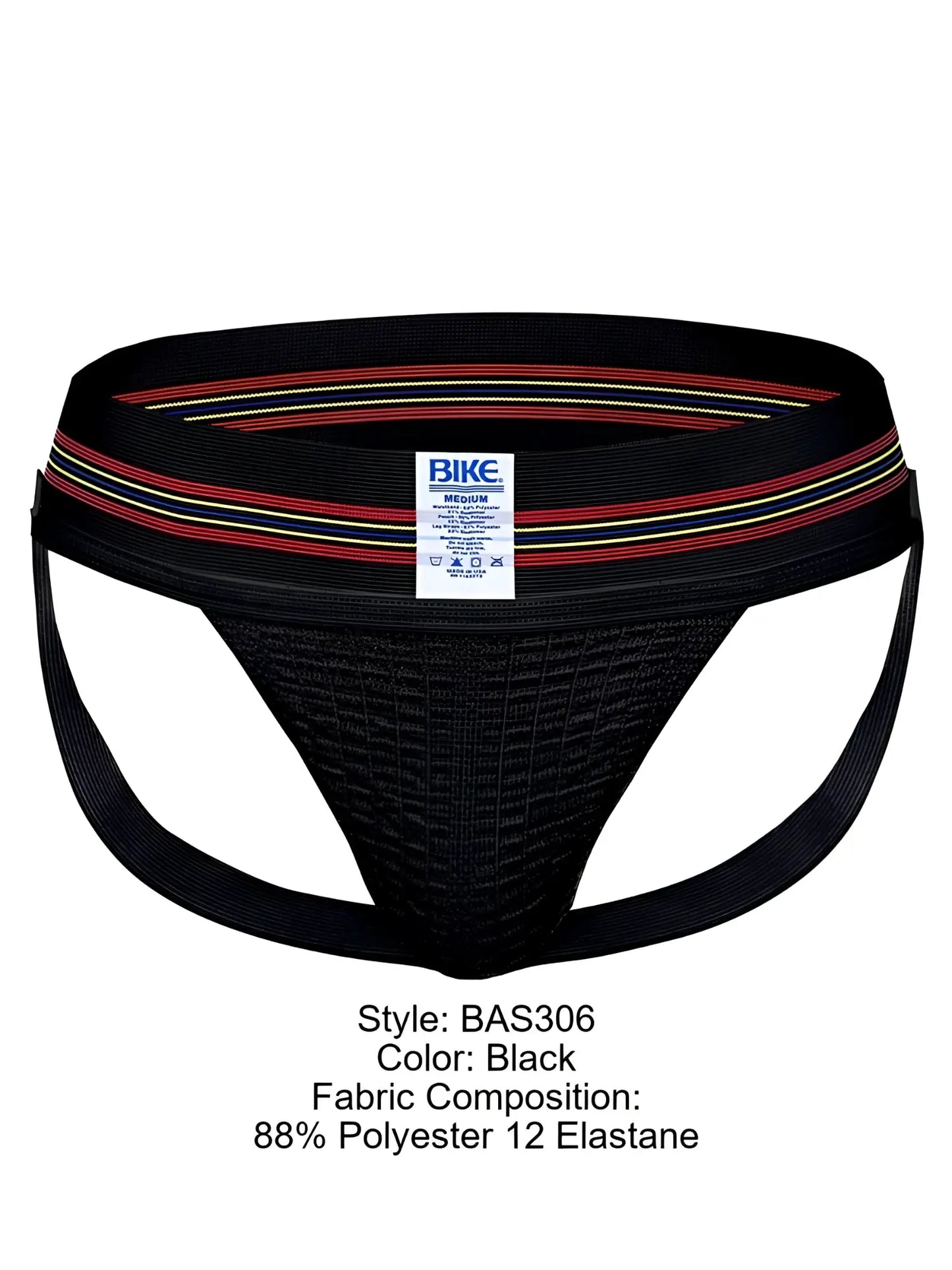 Black Bike BAS306 jockstrap with a textured mesh front and an elastic waistband with red, white, and yellow stripes.