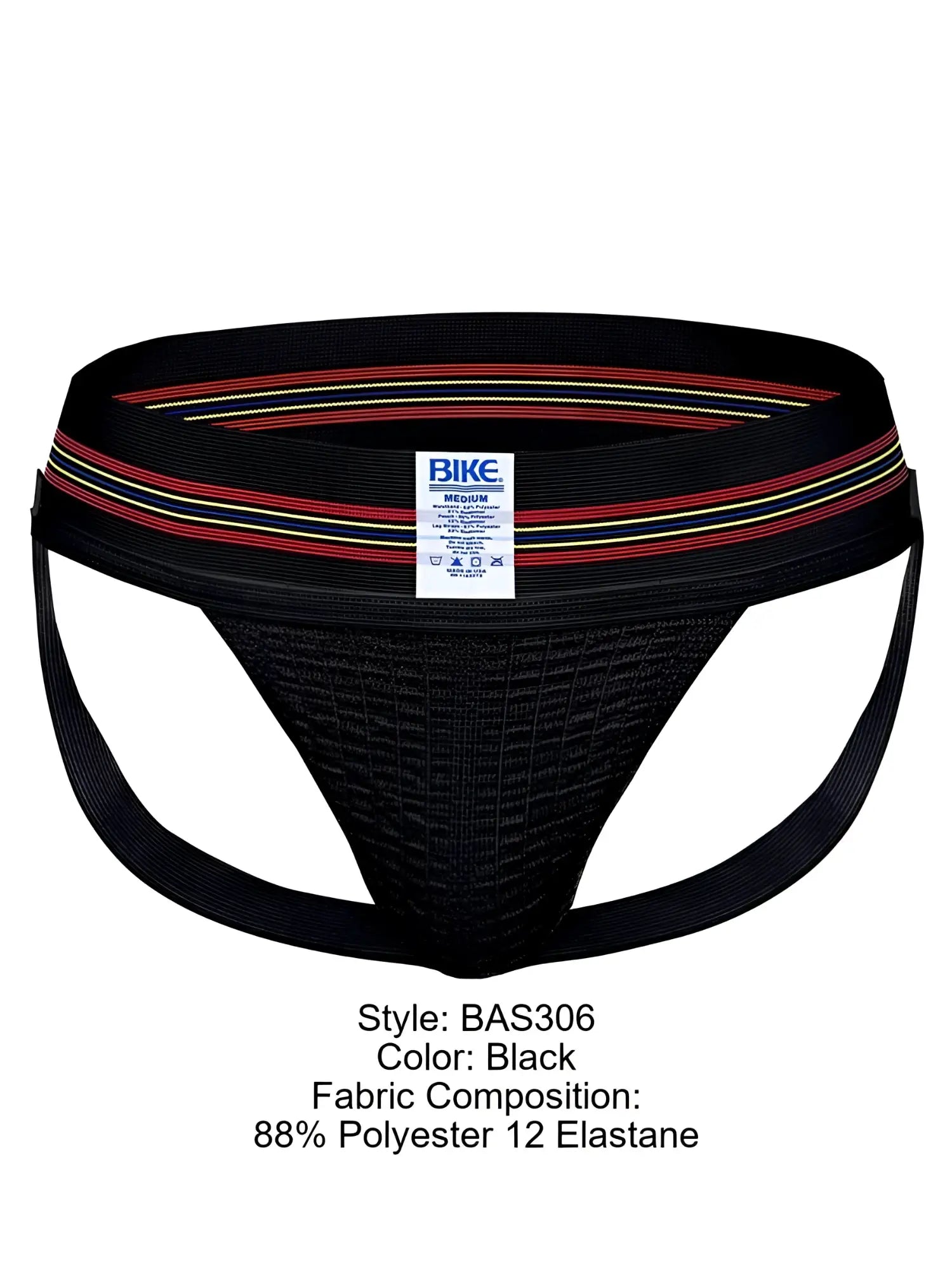 Black Bike BAS306 jockstrap with a textured mesh front and an elastic waistband with red, white, and yellow stripes.