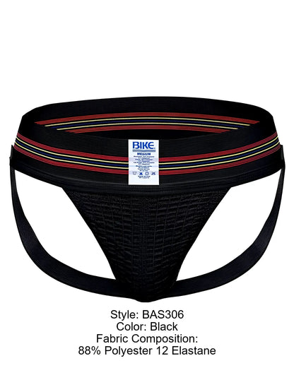 Black Bike BAS306 jockstrap with a textured mesh front and an elastic waistband with red, white, and yellow stripes.