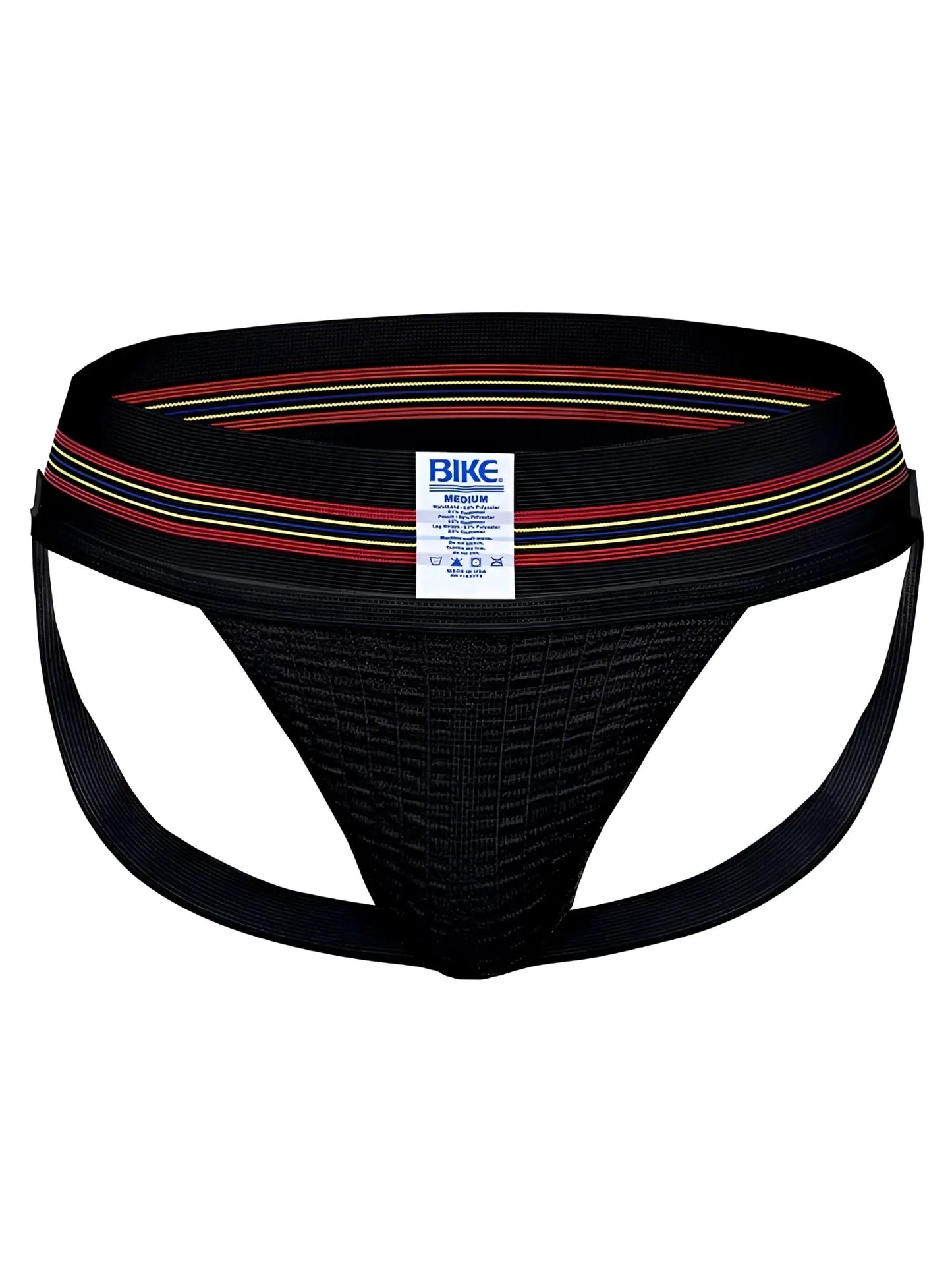 Black BIKE Athletic BAS306 Original Number 10 jockstrap with textured mesh front and striped red white yellow waistband