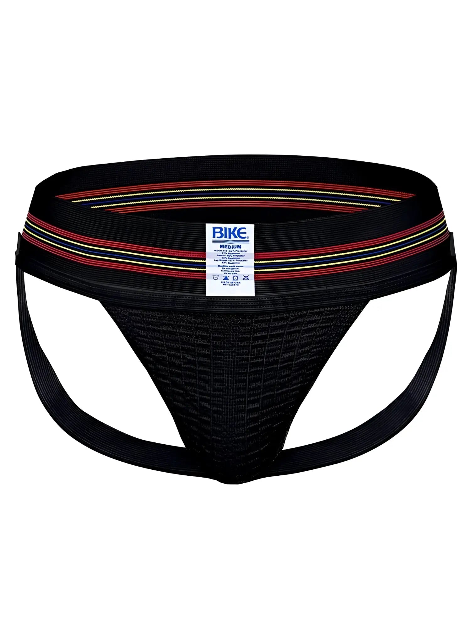 Black BIKE Athletic BAS306 Original Number 10 jockstrap with textured mesh front and striped red white yellow waistband