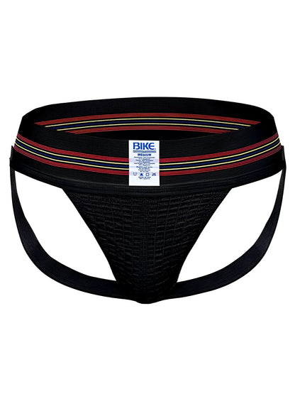 Black BIKE Athletic BAS306 Original Number 10 jockstrap with textured mesh front and striped red white yellow waistband