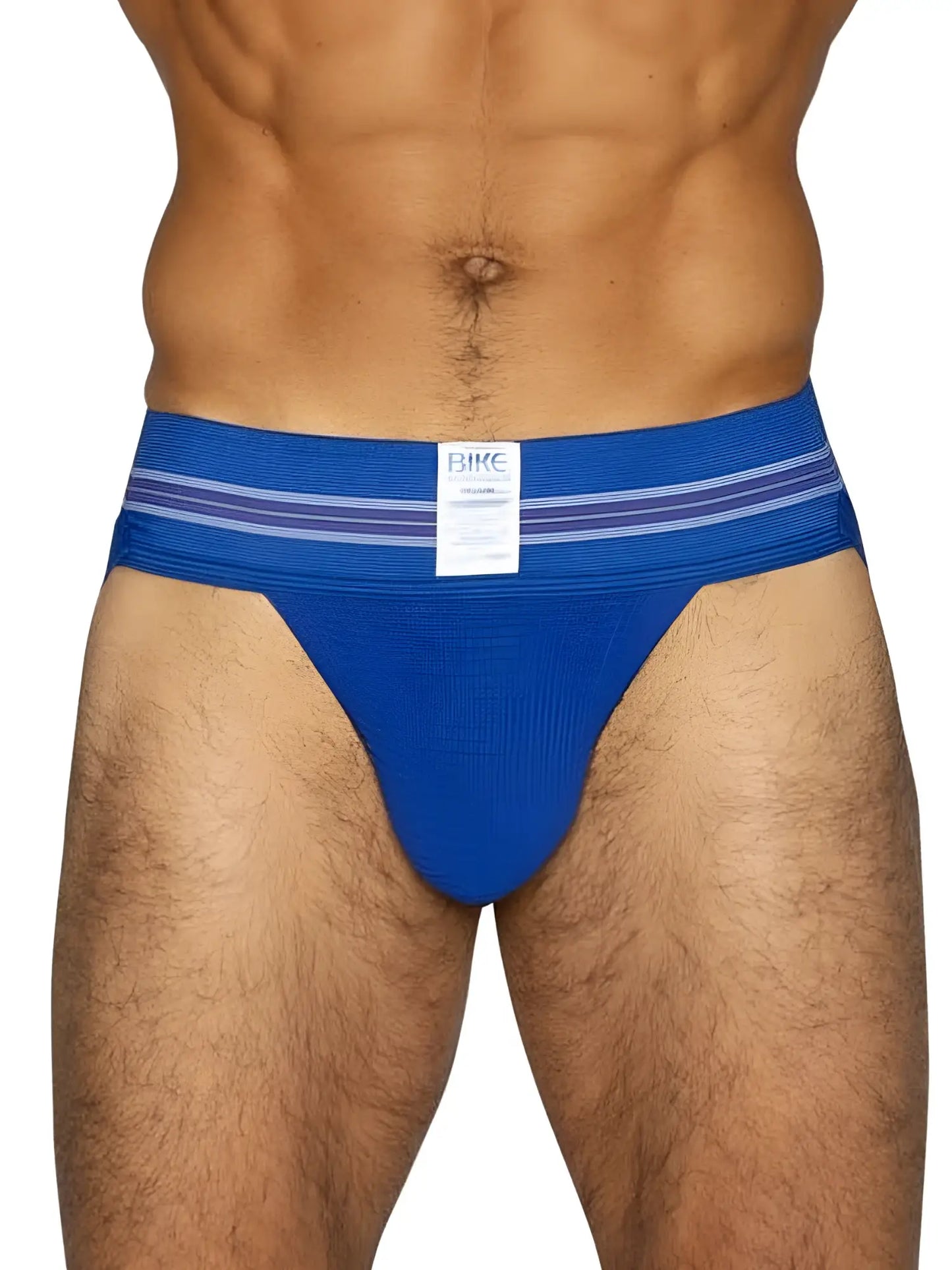 Blue bhc bike athletic bas306 original number 10 jockstrap in royal color with textured fabric and purple waistband stripes