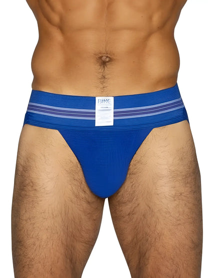 Blue bhc bike athletic bas306 original number 10 jockstrap in royal color with textured fabric and purple waistband stripes