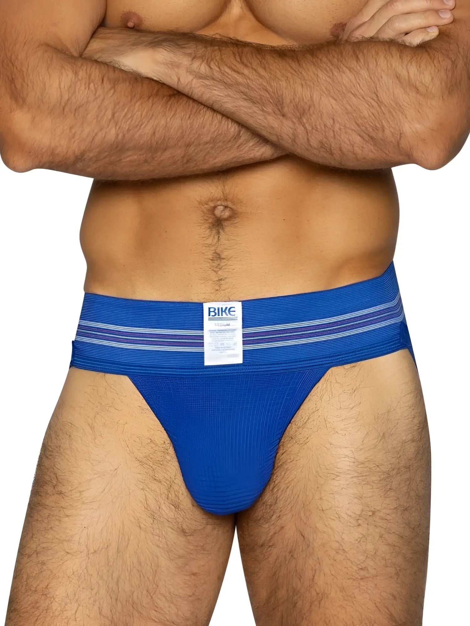 Blue bike brand royal athletic jockstrap with striped waistband for support and comfort in active use