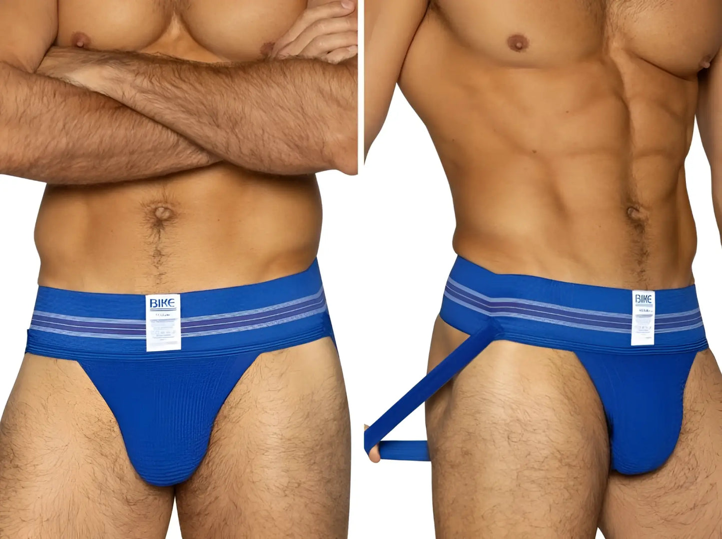 Blue Bike brand Royal color athletic jockstrap with striped waistband and adjustable side strap shown from back side