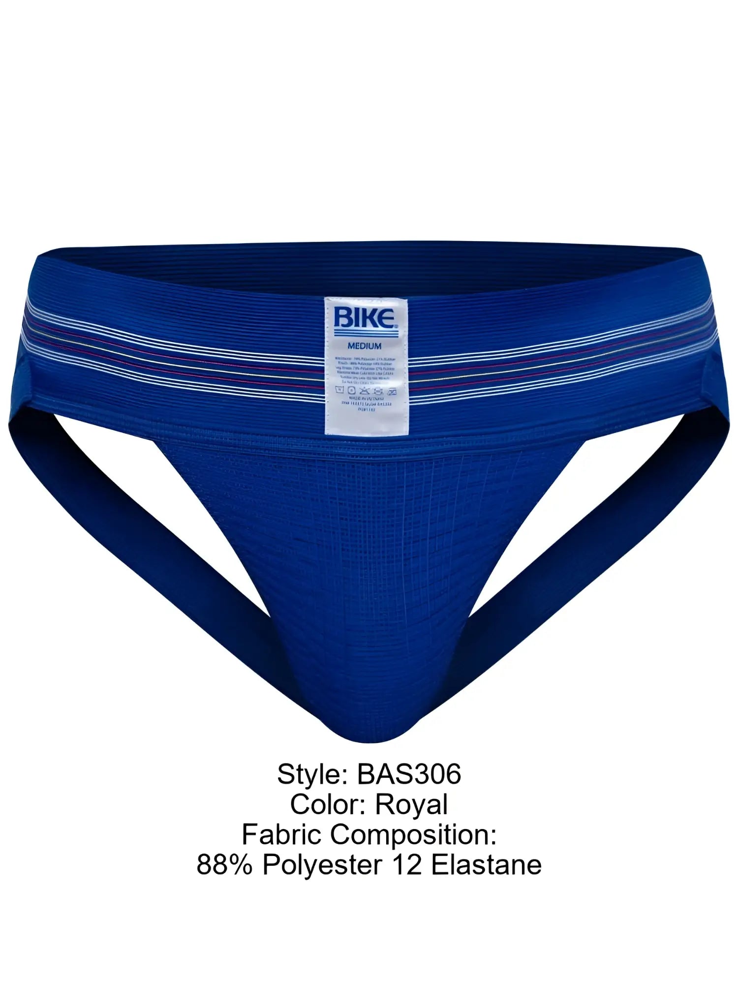 Royal blue bike athletic briefs with textured fabric and two white stripes on waistband featuring bike label
