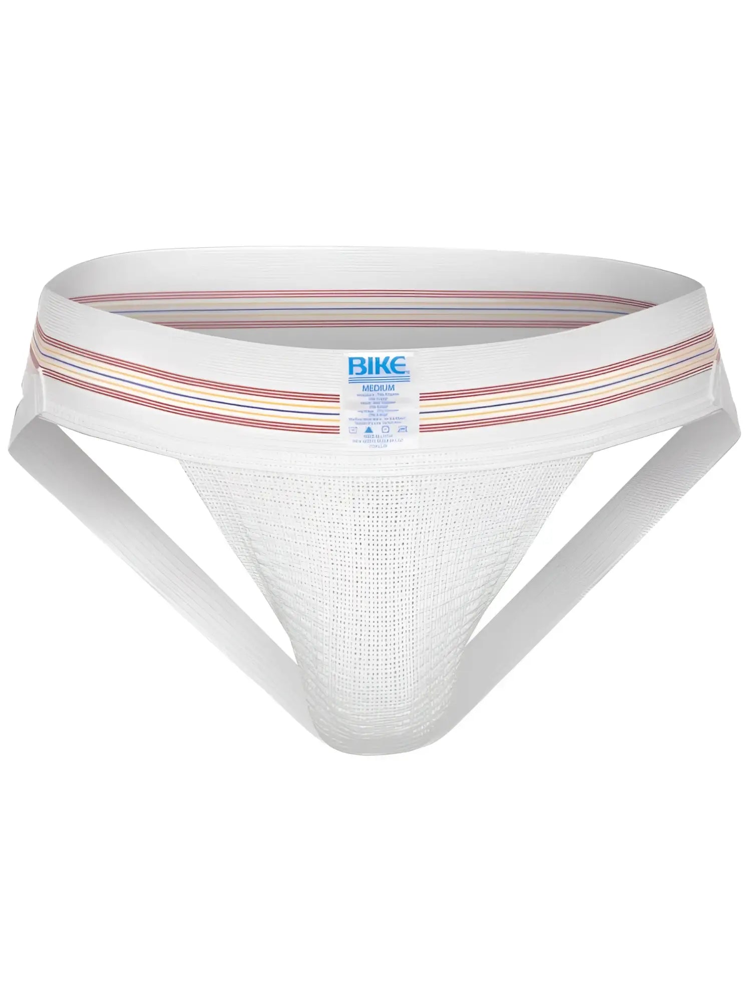 White mesh athletic supporter with a striped red blue beige waistband from bike original number 10 jockstrap