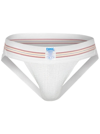 White mesh athletic supporter with a striped red blue beige waistband from bike original number 10 jockstrap