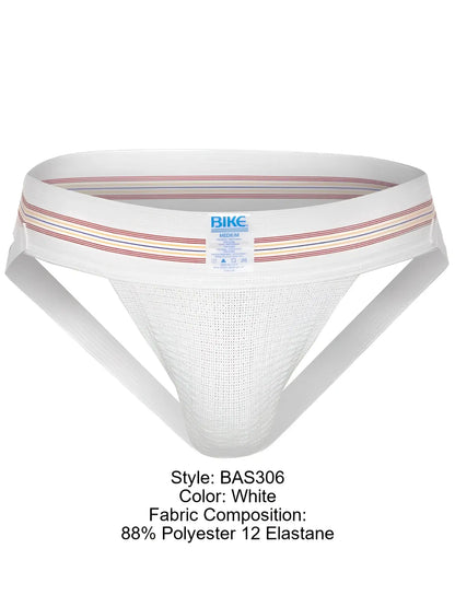 White bike athletic bas306 original number 10 jockstrap briefs with striped waistband made of polyester and elastane