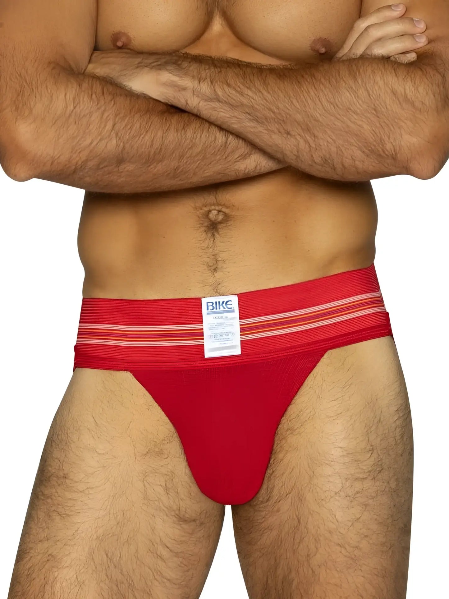 Red bikc brand athletic briefs with white horizontal stripes on waistband from the bike athletic bas306 jockstrap line