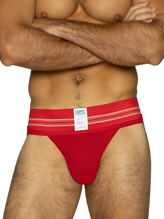 Red bikc brand athletic briefs with white horizontal stripes on waistband from the bike athletic bas306 jockstrap line