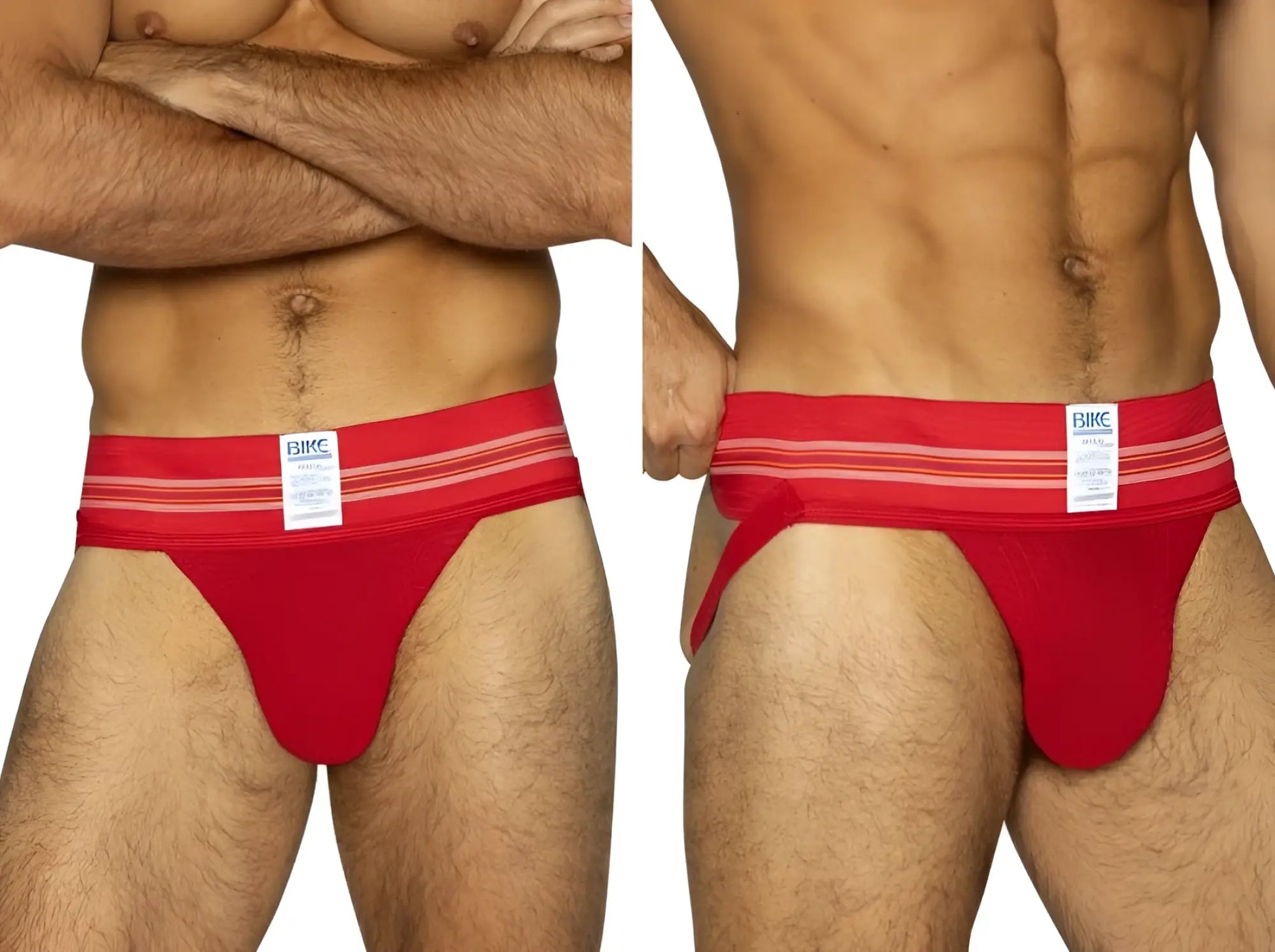 Red bikc brand athletic briefs with white and thinner red striped waistband in vibrant red color for sports use