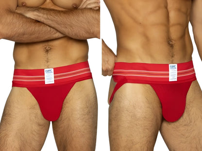 Red bikc brand athletic briefs with white and thinner red striped waistband in vibrant red color for sports use