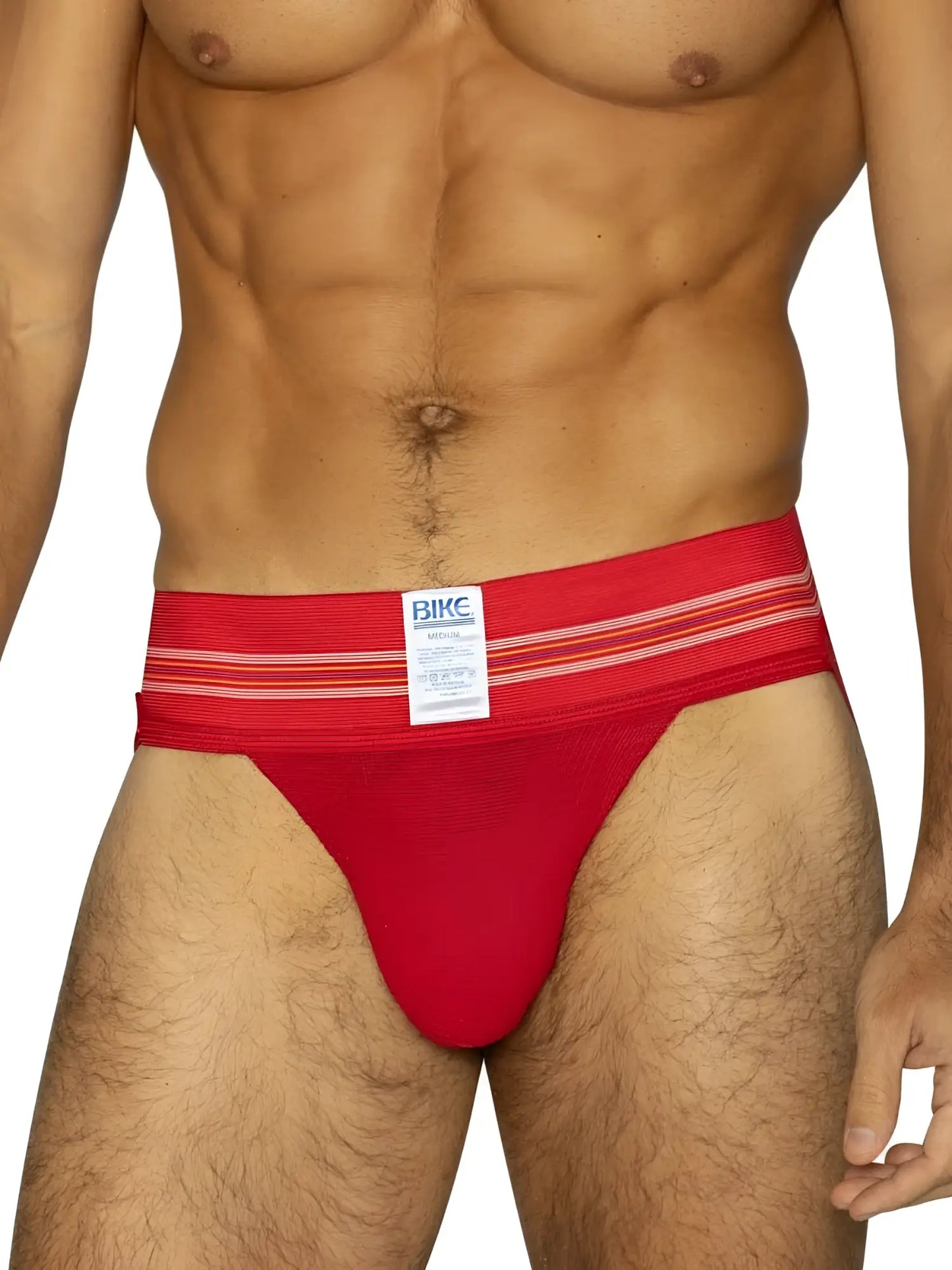 Red bike athletic bas306 original number 10 jockstrap in vibrant red with textured fabric and white striped waistband