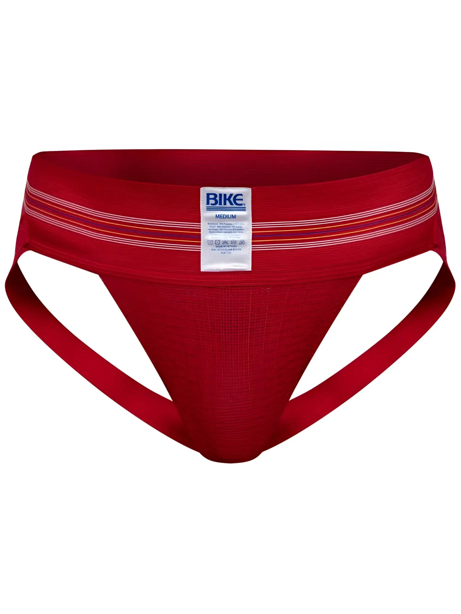 Red bike brand athletic briefs with white and orange striped waistband in vibrant red for active use