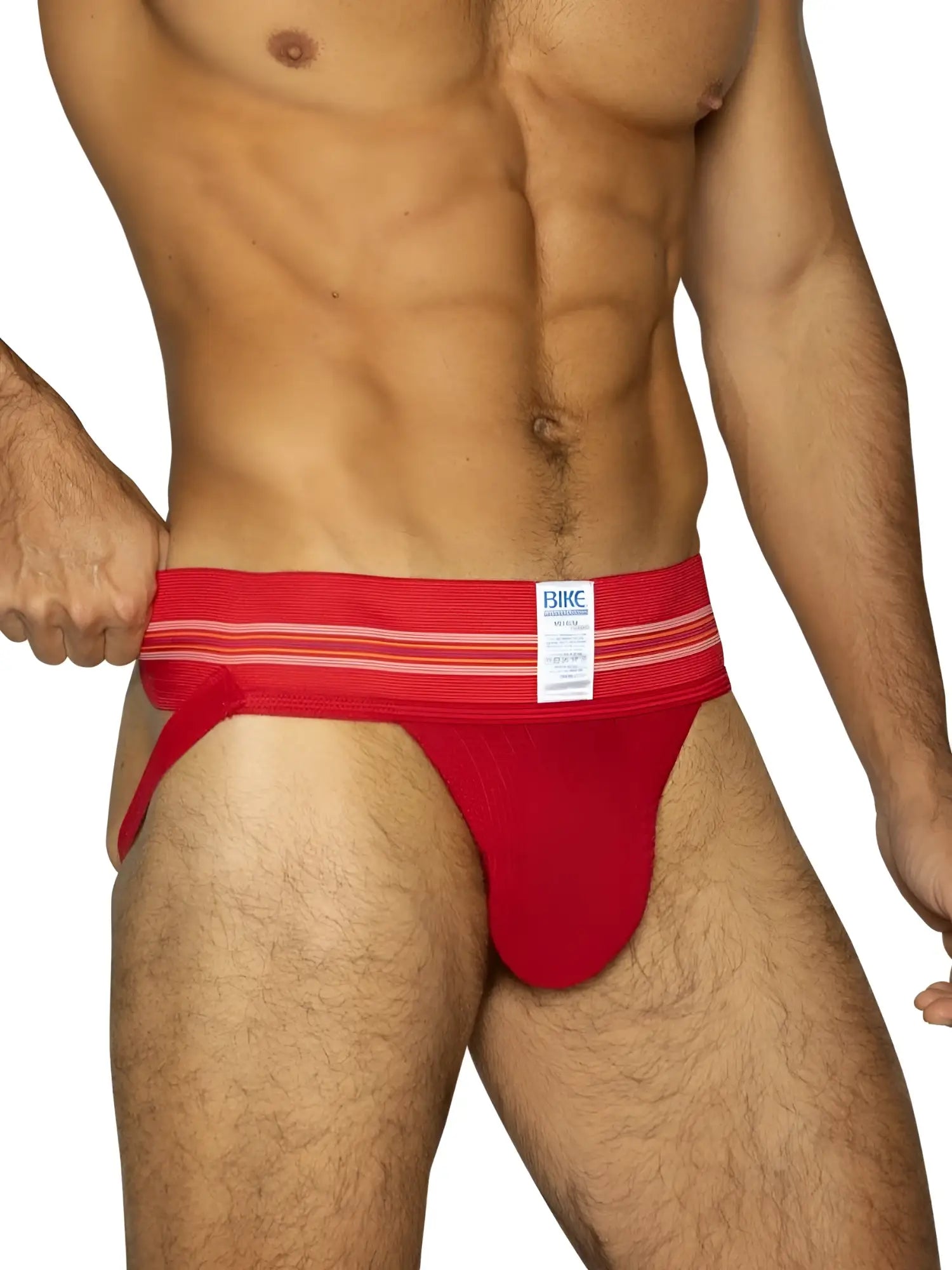 Red bike athletic bas306 original number 10 jockstrap with striped waistband and white bike label in vibrant red