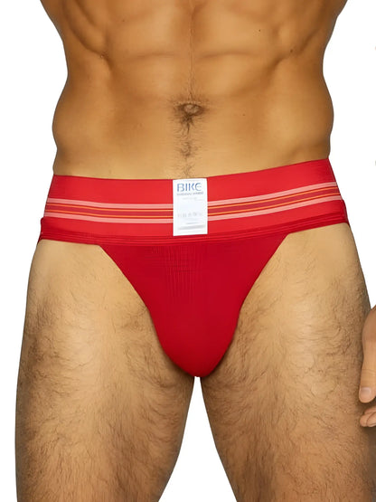 Red bike athletic briefs with striped waistband and white label from bas306 original number 10 jockstrap collection