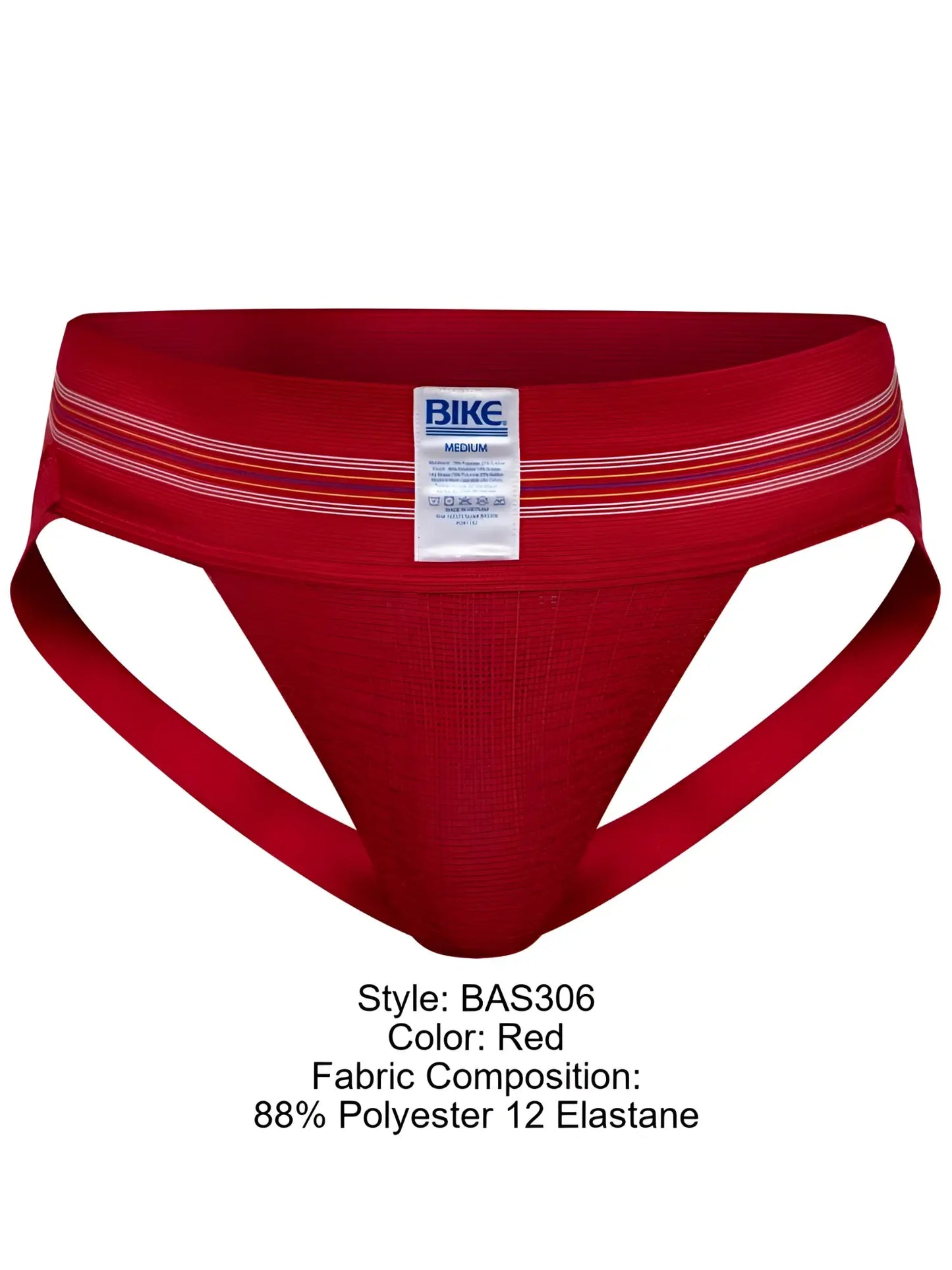 Red bike athletic briefs with white and orange striped trim and brand label on waistband in vibrant color red
