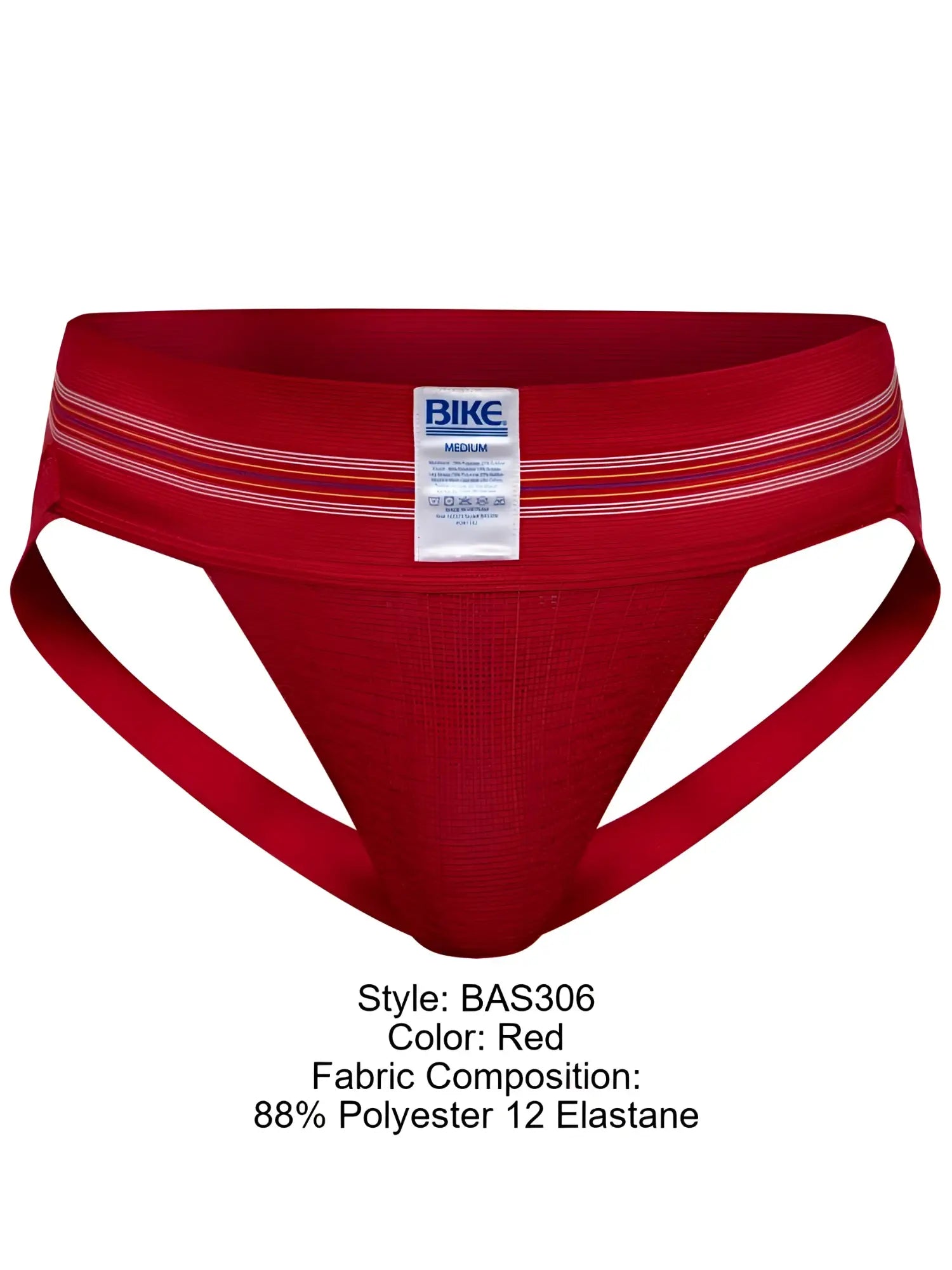 Red bike athletic briefs with white and orange striped trim and brand label on waistband in vibrant color red