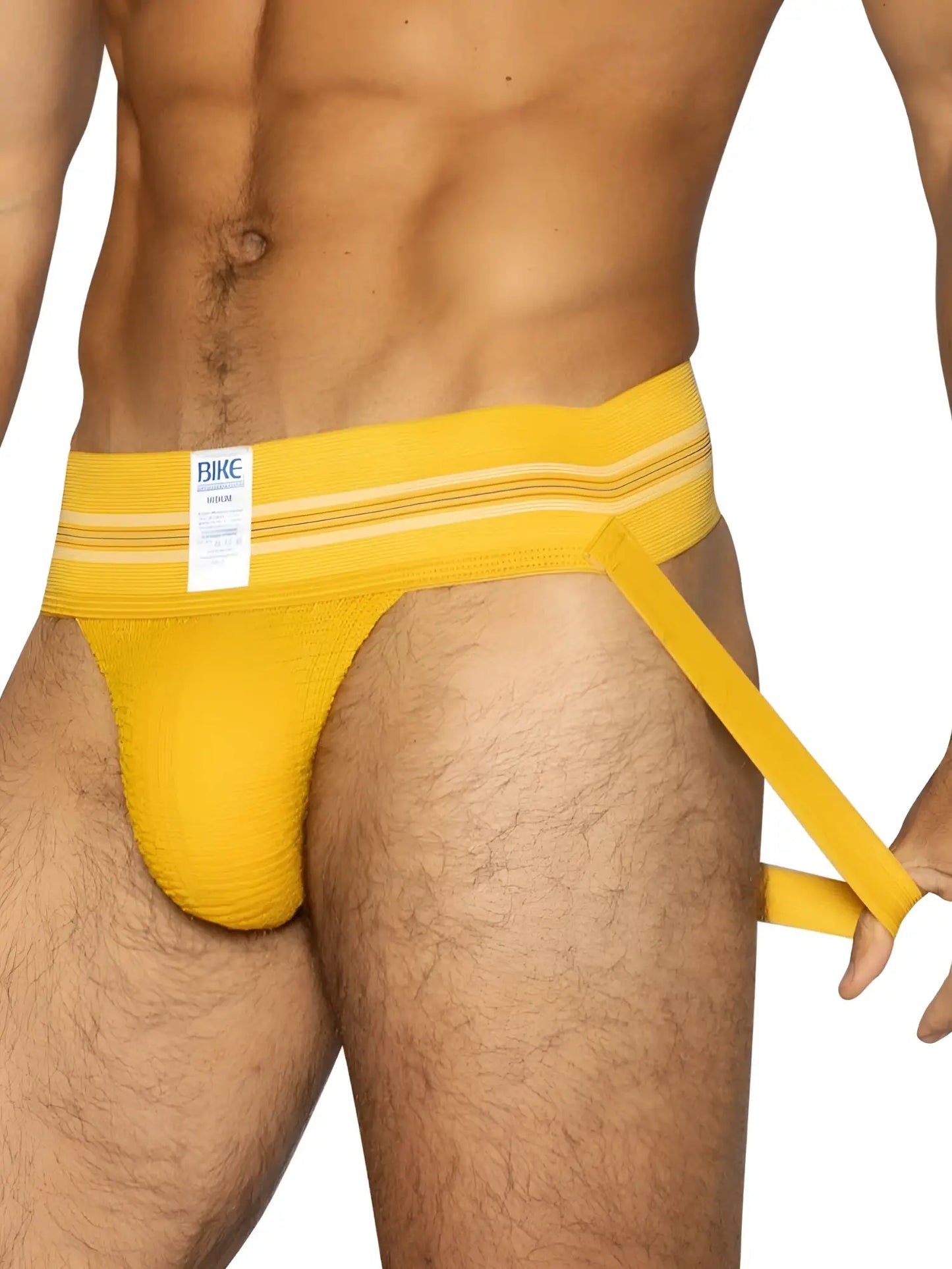 Bright yellow textured fabric bike brief with white bike label on waistband for athletic use and style