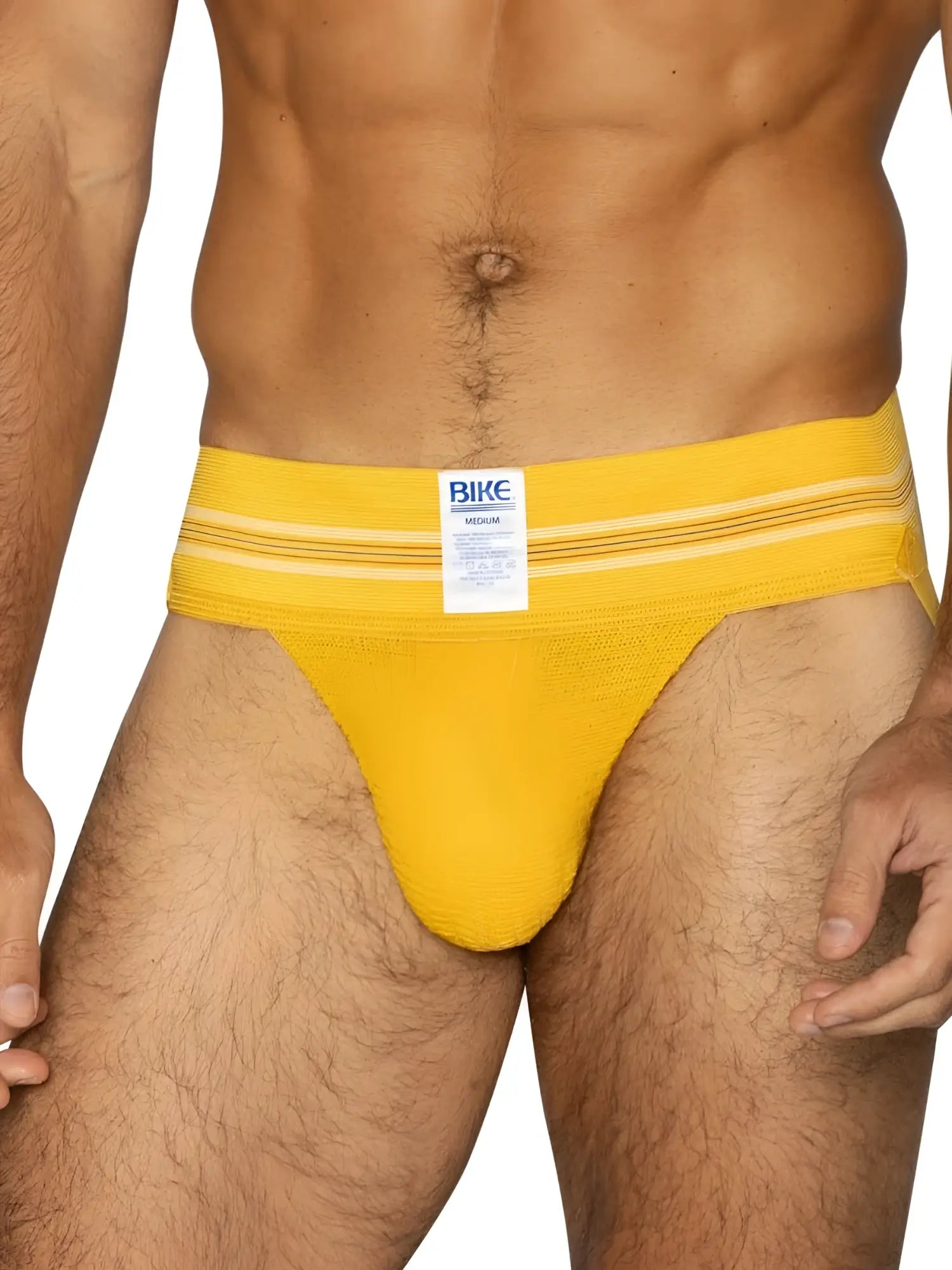Bright yellow textured fabric bike brief with white stripes and bike brand label for athletic use