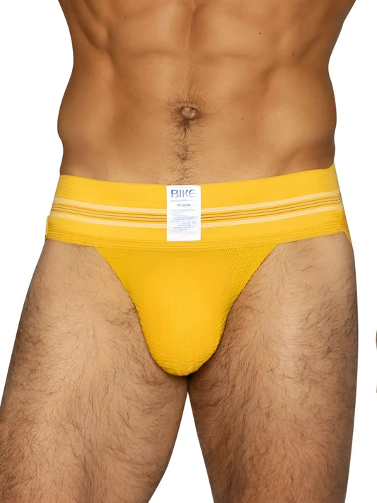Bright yellow bike athletic briefs with white stripes and brand label designed for sports and active wear