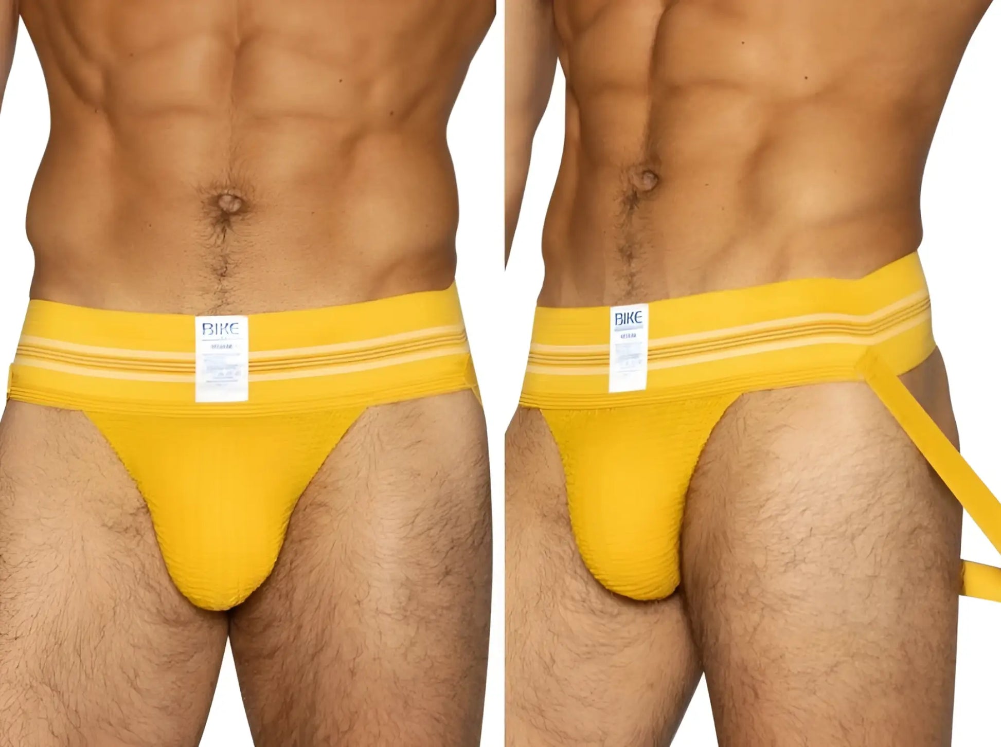 Bright yellow BIKE Athletic BAS306 jockstrap briefs with white stripes and branded tag for athletic use